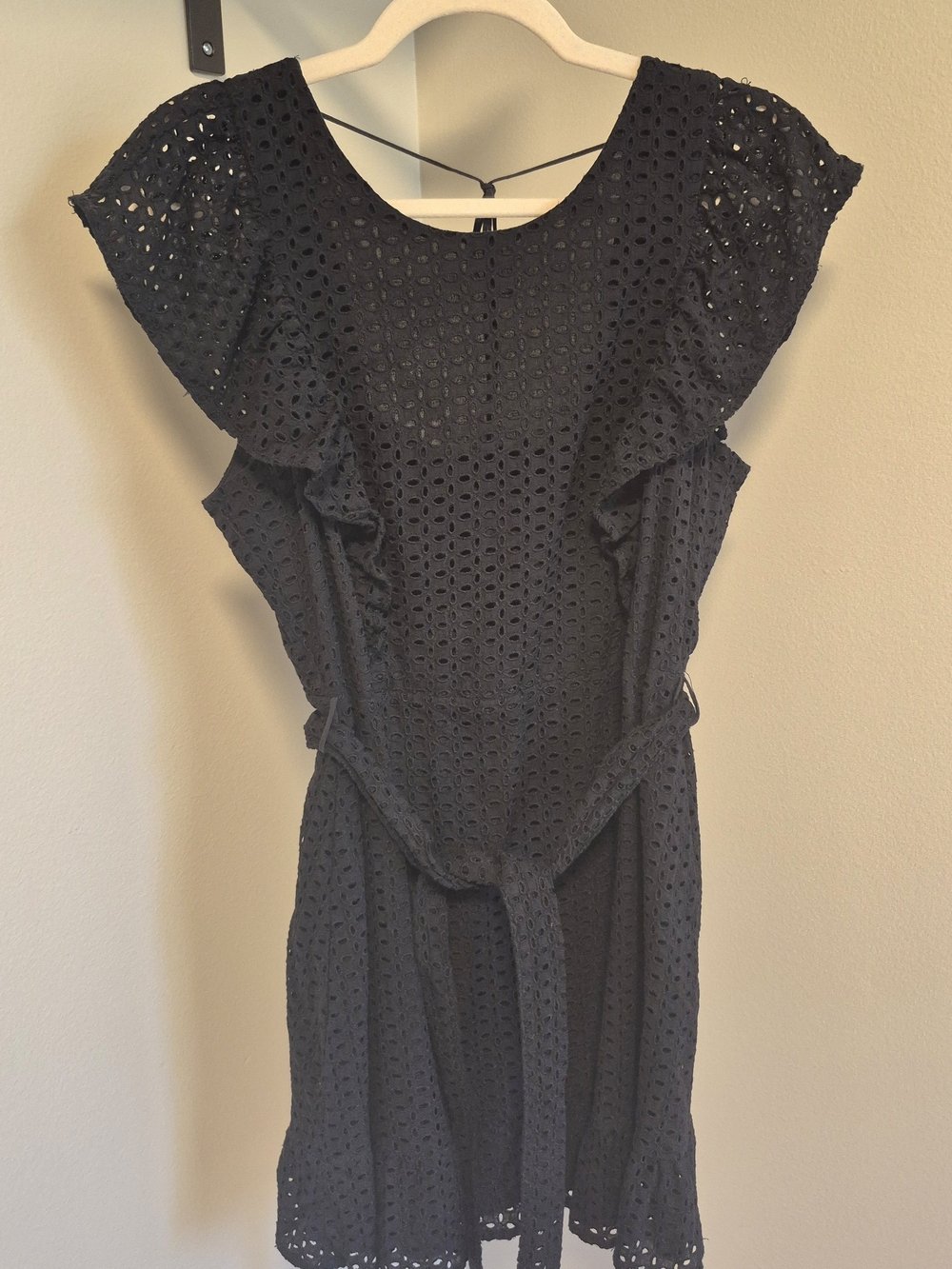 Black Eyelet Flutter Sleeve Dress - , Women's